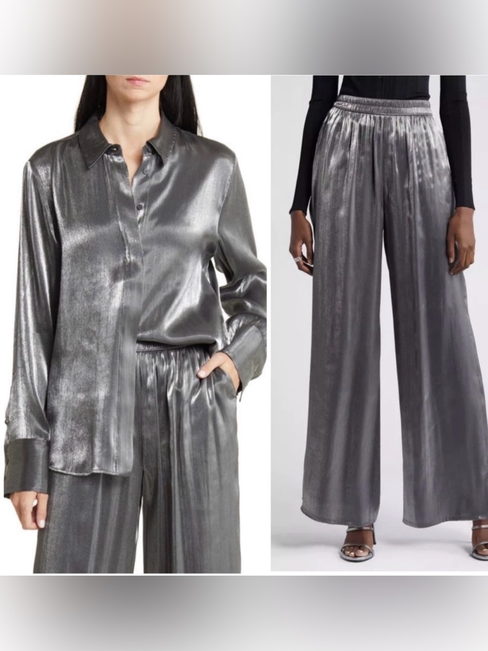 2PC Set Nordstrom shine metallic oversized shirt wide leg pants set